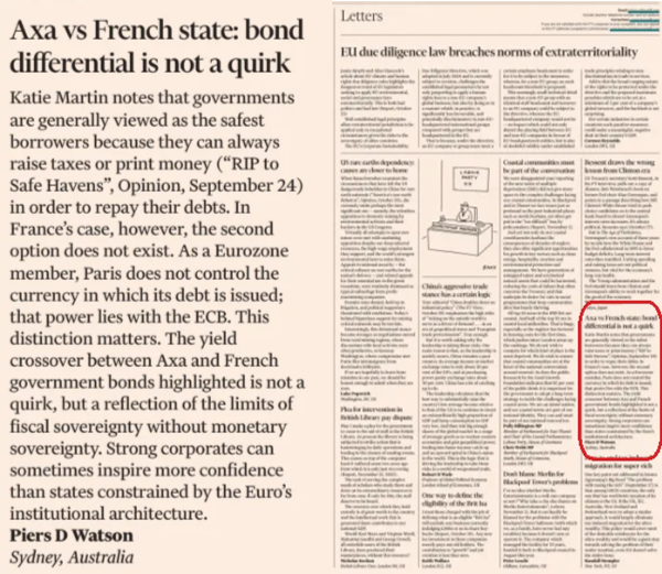 Scanned letter: Axa vs French state — bond differential is not a quirk
